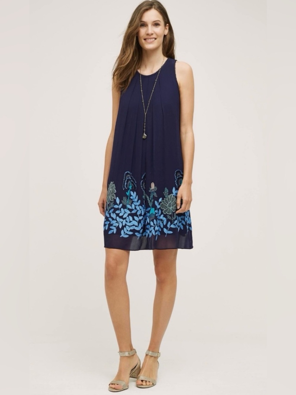 Anthropologie Navy Blue Sleeveless Embroidered Mini Dress